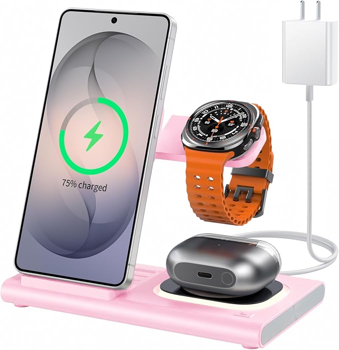 Wireless Charger for Samsung Charger (Foldable & Nightlight),3 in 1 Charging Station for Samsung S26 Ultra/S25/S24/S23/S22/Note20 Z Fold Flip7, Travel Charger for Galaxy Watch 8/7/6/5/4/3/Galaxy Buds4