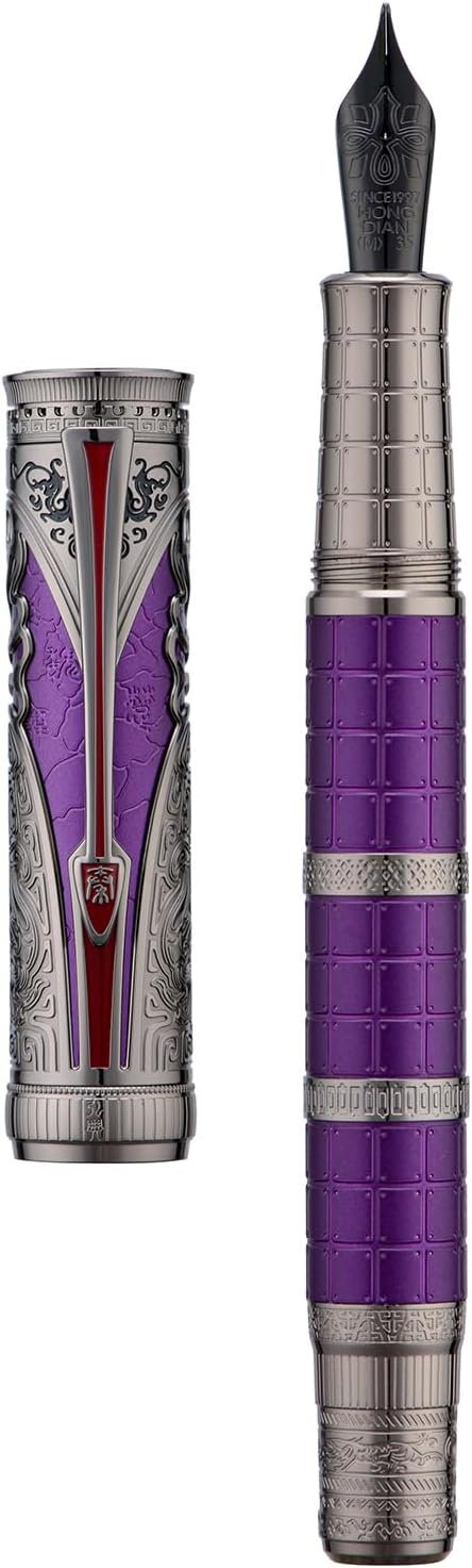 Hongdian D5X Fountain Pen Purple Color Medium Nib, Qin Dynasty Retro Chinese Totem Engraving Smooth Writing Pen with Converter and Pen Box Set