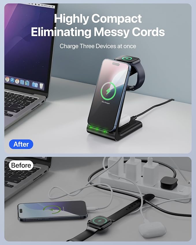 Intoval 3 in 1 Wireless Charging Station for iPhone and Apple Watch,Fast Wireless Charger Stand,Compact Desk Charging Dock for iPhone17 16 15 14 13/Pro/Max, iWatch11 10 9 Ultra/SE 3/4,AirPods