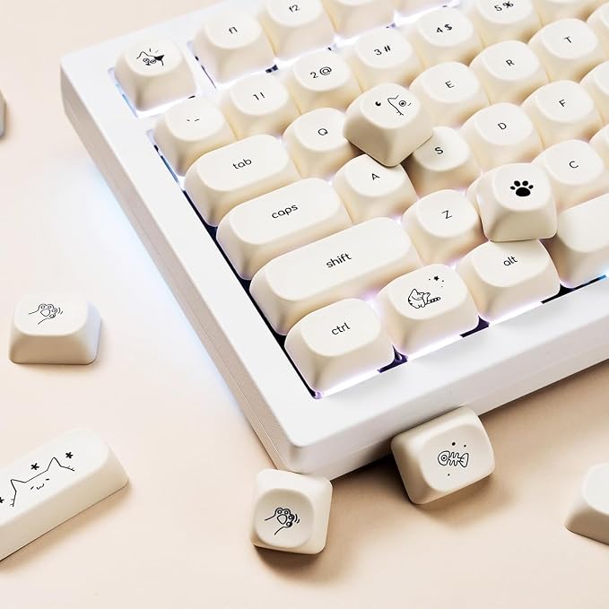 MOA Profile Cute Cat Keycaps, 124keys PBT Keycaps Set, Minimalist White Keyboard Caps, Custom Dye Sublimation Key Caps for 61/64/68/84/87/100/104/108 Cherry MX Mechanical Keyboards(124 Keys)