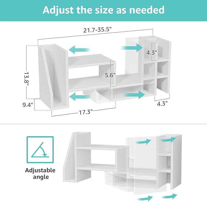 Desktop Shelf Desk Organizer File Holder - Dorm College Desk Bookshelf, Adjustable White Wood Shelving, Small Countertop Bookcase for Office Supplies, Student Study Desk & Home Organization Rack