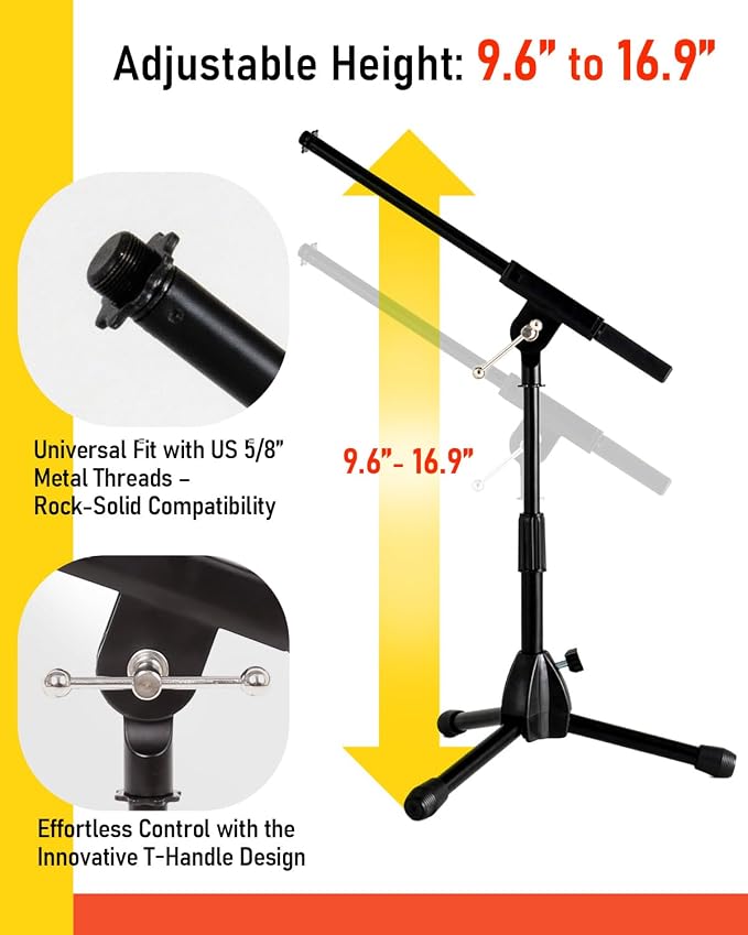 Stage Rocker Foldable Tripod Low-Profile Mic Boom Stand, 2 Pack - Height Extending from 9.6'' to 16.9'', w/Adjustable Telescoping Arm Up to 9'', Lightweight, Black, Powered by Hamilton(SR610121B-2PK)