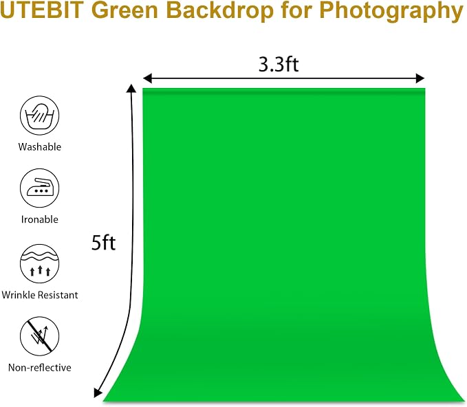 UTEBIT Green Screen Backdrop, 3.3X5 ft Photography Chroma Key Greenscreen Background Sheet for Background Removal,Thick Polyester Fabric Cloth Sheet for Photoshoot Video, Live Streaming(Backdrop Only)