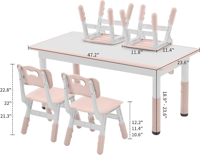 DOREROOM Adjustable Kids Table & 4 Chairs Set, 47.2" L x 23.6" W, Pink | Graffiti Desktop,Table Supports 300 lbs,Toddler Ages 2-8，FSC-certified, Children Activity Table for Daycare, Classroom, Home