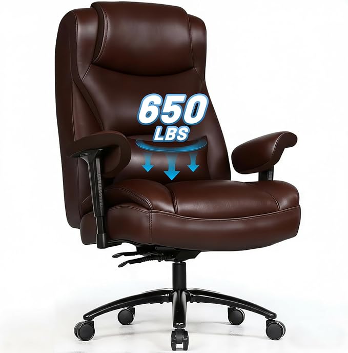 Big and Tall Office Desk Chair with 5-Position Armrests, 650 LBS Heavy Duty Executive Office Chair Comfy, Extra Wide Seat, High Back Computer Chair with Lumbar Support, Reclining Tilt Lock (Brown)