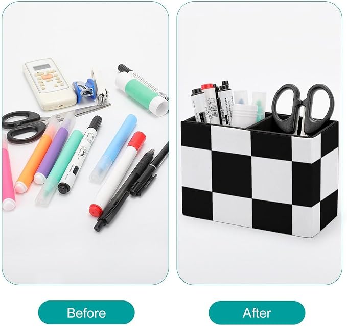 Black And White Grid PU Leather Pen Holder Desk Organizer, 2-Compartment Pencil Container for Office, Home, Vanity Use