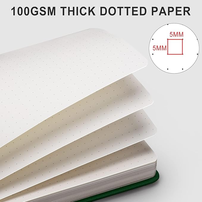 AHGXG Dotted Journal - 320 Numbered Pages Dot Grid Notebook A5 Thick Journal, 100gsm Thick Dotted Paper, Leather Hardcover,Inner Pocket, 5.75'' × 8.38'', Dark Green
