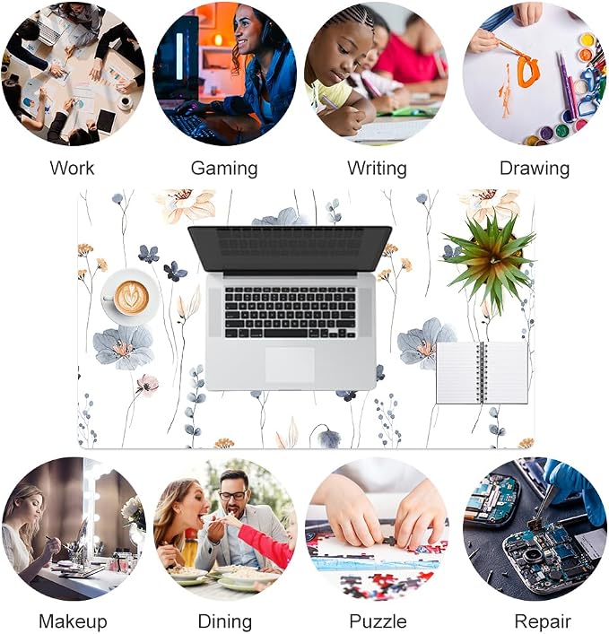 QIYI PU Leather Large Mouse Pad, Waterproof Desk Mat, 23.6" x 13.8", Sprigs | Extended Size Gaming Mousepad, Faux Leather Desk Pad, Desktop Writing Pads for School Office Home, Watercolor Floral Pattern