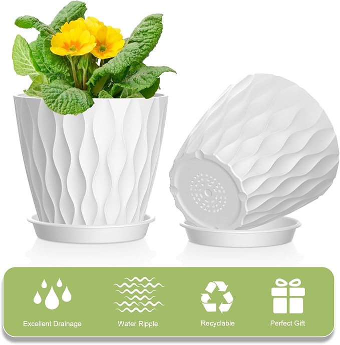 UOUZ 4 Inch Small Pots for Plants, 6 Pack Waffle Texture Small Plant Pots for Succulents, Plastic Planter with Drainage Holes and Saucers for Indoor Outdoor Plants, Flowers, Herbs, Seedlings, White