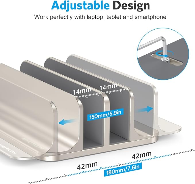 OMOTON Vertical Laptop Stand [Updated Double Version], Desktop Aluminum Mac Book Stand with Adjustable Dock Size, Fits All Mac Book, Surface, Chrome Book and Gaming Laptops (Up to 17.3") (Starlight)