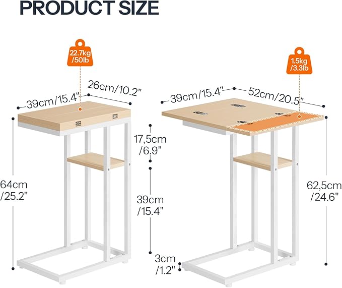 HOOBRO Foldable End Table, C Shaped Side Table with Storage Shelf, Small Snack Table Suitable for Living Room Bedroom Small Spaces, Easy Assembly, White and Natural WN29SF01