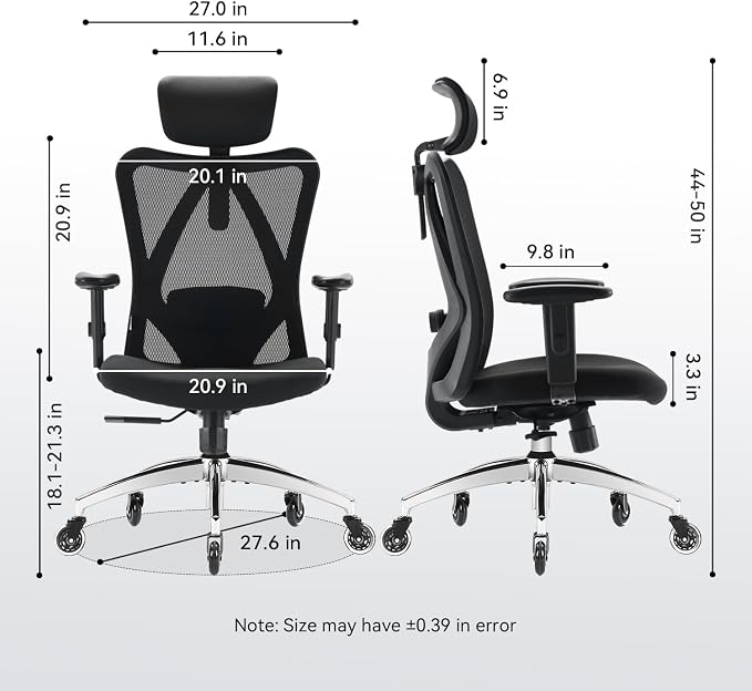 XUER Ergonomic Office Chair, Mesh Computer Desk Chair with Adjustable Sponge Lumbar Support, Thick Cushion, PU Armrest and Headrest, High Back Swivel Home Office Task Chair for Work (Black)…