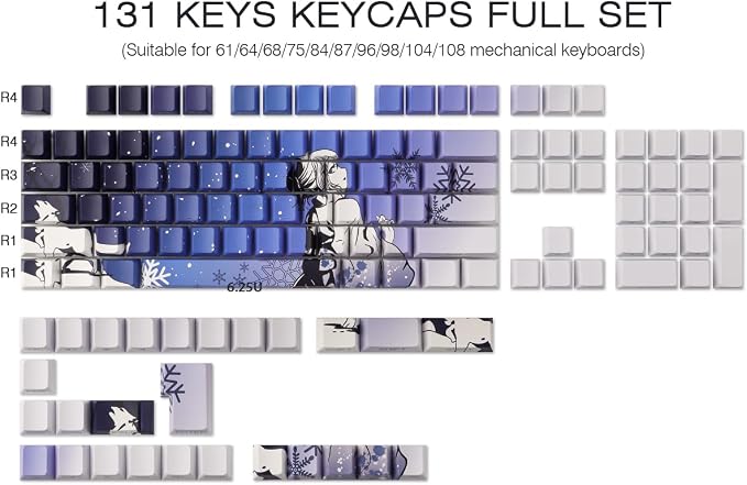 Sunzit Keycaps - Side Print Keycaps 75 Percent, Shine Through Custom Key caps, Japanese PBT Keycap Set Dye Sub, Double Shot, 131 Keys Cherry Profile Keyboard Keycap for Mechanical Keyboard, Snow Wolf
