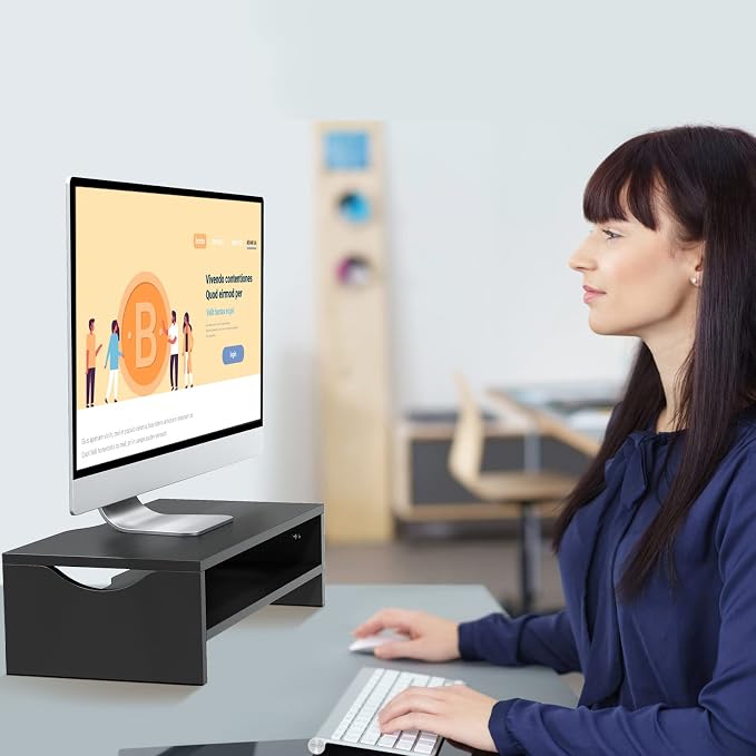 2-Tier Wood Monitor Stand Riser for Laptops & PCs, Black | Built-in storage desktop shelf, space-saving organizer compatible with MacBook, notebook and all desktop computers