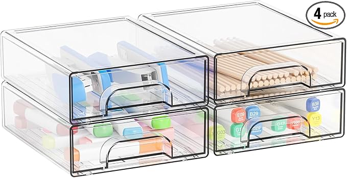 2.2'' High Small Clear Stackable Storage Drawers,4 Pack Desk Organization and Storage Bins,Plastic Office Supply Organizer,Acrylic Drawer Storage Organizer for Makeup,Accessory,Pen,Art Crafts