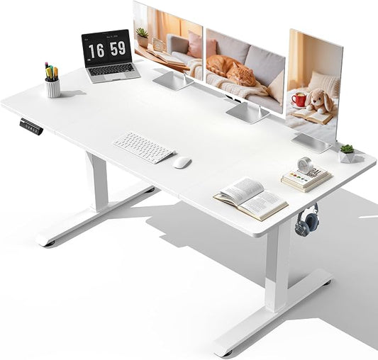 Veken 63" x 28" Super Large Standing Desk, Height Adjustable Electric Computer Desk, Sit to Stand Up, Modern Workstation for Home Office, Walking Pad, Writing, Gaming Bedroom Study, White