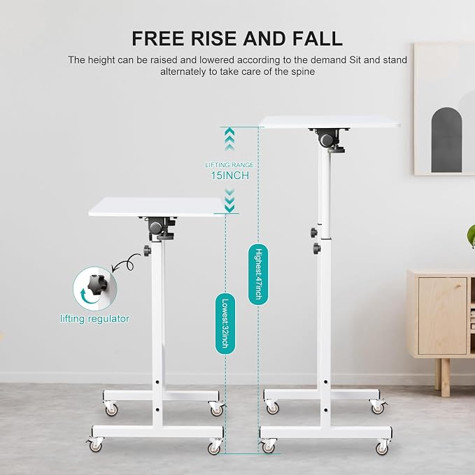 KOUPA Adjustable Height Standing Desk, 31 in Writable Tempered Glass Desktop with Eraser, 360° Flip, Wheels – Ideal for Small Spaces and Home Offices, White(Adjustable Height: 32-47 in)