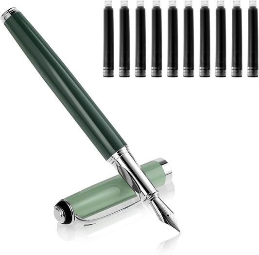 cobee Metal Fountain Pens with 10 Black Ink Cartridges, 0.5mm Fine Nib Fountain Pen Smooth Writing Luxury Calligraphy Pen Office School Supplies Gift(Green)