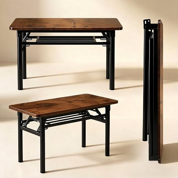 Folding Desk for Small Spaces, 39.4 Inch Foldable Computer Desk, No Assembly Required, Space Saving Portable Study Table for Compact Home Office, Bedroom, Dorm, Apartment, Brown