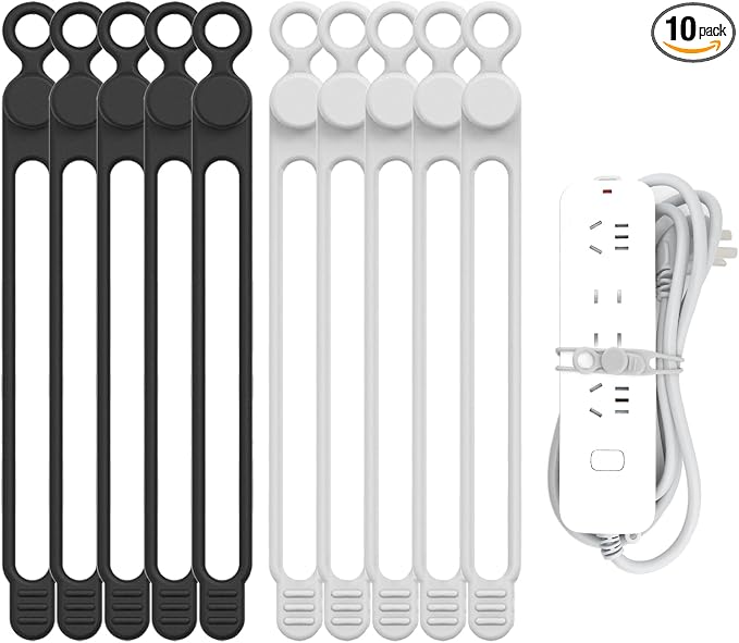 UMUST Silicone Cable Straps, 10pcs Extra-Long Reusable Hanging Organizer for Cables, Kitchen, Home, School (Black & White) | Reusable Cord Ties, Cable Strap Tie for Bundling Electronics Wire,Home Office Travel Essentials Accessories 7.1inch
