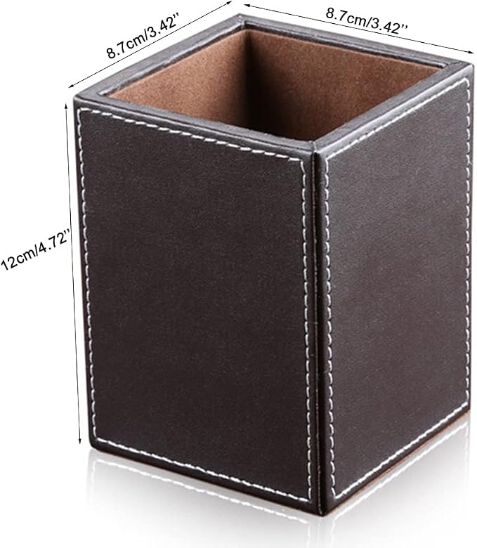 PU Leather Square Pens Pencils Holder Cup Desktop Stationery Organizer Case Office Accessories Container Box Brown