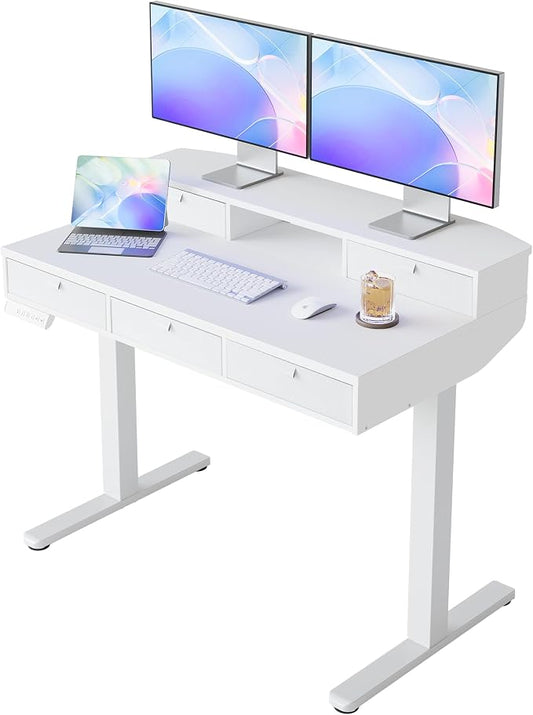 HUANUO 40 X 24 inch Electric Standing Desk with 4 Drawers, Adjustable Height Sit Stand Home Office Desk, C-Clamp Mount Compatible, Ergonomic Stand up Desk with 4 Preset Heights, White
