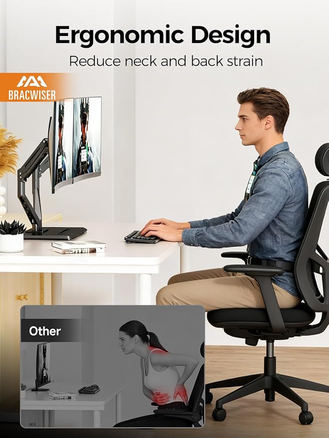 Bracwiser Dual Monitor Stand Free Standing Desk Mount, Premium Dual Monitor Arm Fits Two Screens up to 40 inch 26.45 lbs Fully Adjustable Arms with Heavy-Duty Wooden Base, Max VESA 100x100mm (MLXSPC)