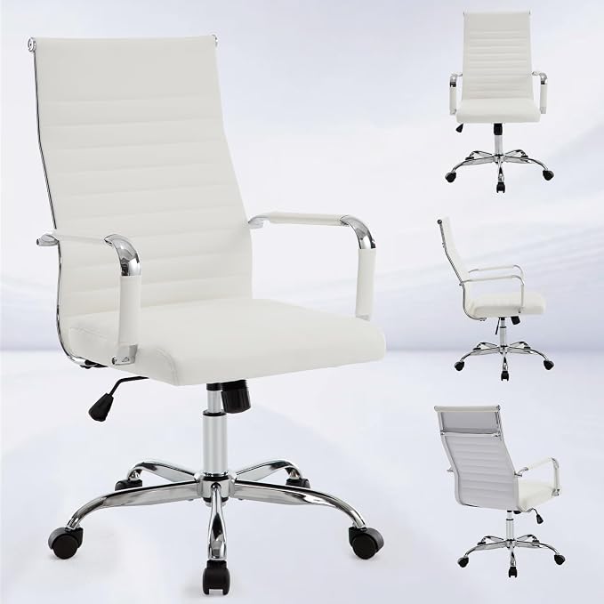 Office Chair, Ergonomic Executive Conference Room Chairs, Ribbed Leather Desk Chair with Lumbar Support, Adjustable Height Mid-Back Swivel Chair with Padded Seat