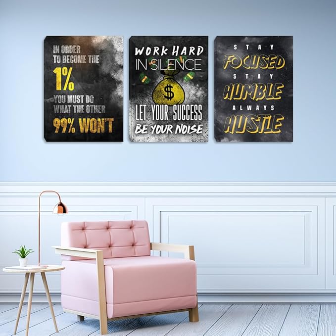 Motivational Canvas Wall Art Inspirational Success Quotes Wall Art Retro Black White Poster Hangs Picture Hustle Canvas Painting Artwork for Office Bedroom Living Room Workplace (36''Wx 16''H)