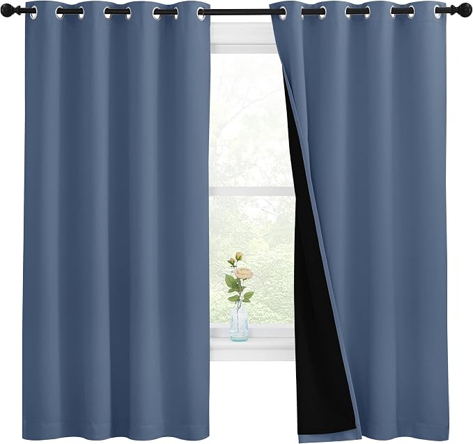 NICETOWN 100% Blackout Curtains with Black Liners, Thermal Insulated Full Blackout 2-Layer Lined Drapes, Energy Efficiency Window Draperies for Bedroom (Stone Blue, 2 Panels, 55-inch W by 68-inch L)