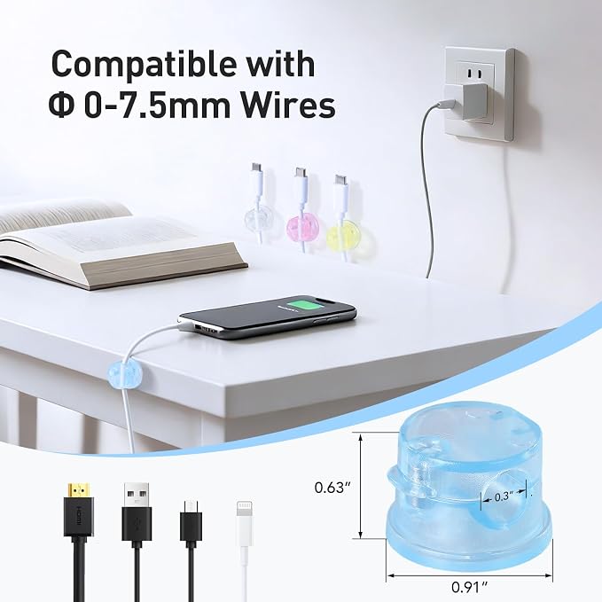 AGPTEK 8 Pack Magnetic Cable Clips, 360° Rotatable Cord Holder, Colorful | Cable Holder for Nightstand, Desk Cord Organizer Adhesive Wire Management Home Phone Charging Cords USB Cable Keeper