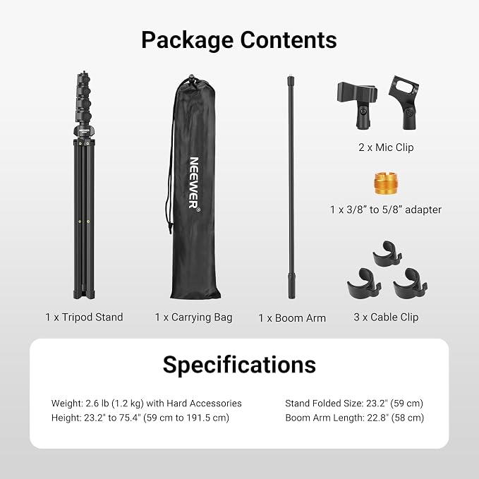 NEEWER Mic Stand Floor, Microphone Tripod with Boom Arm, Heavy Duty Adjustable Stand & Arm with 2 Mic Holder Clamps, 3 Cable Clips, Bag, 3/8" to 5/8" Adapter for Singing Podcast Recording, MS046