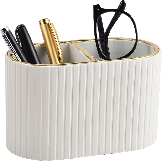 PU Leather Desk Organizer,Pen Holder,Small Remote Control Holder Pencil Cup Multifunctional Nightstand Organizer Caddy for Home School Office Desk Accessories,2 Compartments (Cream White)