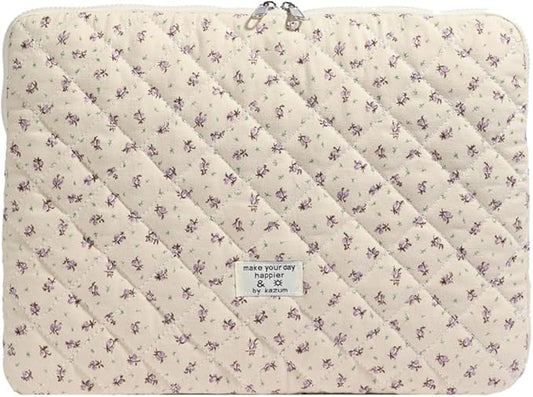Cute Laptop Sleeve 13-15 inch Laptop Case Aesthetic Quilted Laptop Sleeve Computer Bag with Flower Printing for MacBook (Purple, 15inch)