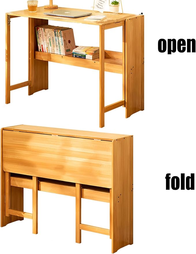 Folding Desk for Small Space, Computer Desk with Bookshelf Multifunctional Bamboo Rectangular Dining Table Work Desk, Writing Desk for Student Office, 40.5" W x 29.9" H (Wood Color)