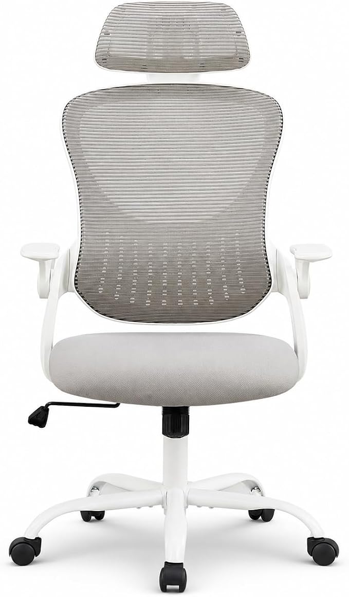 Grey Ergonomic Office Chair, High Back Mesh Desk Chair with Adjustable Headrest Lumbar Support, Computer Chairs with Flip-up Armrests and Thickened Cushion for Adults Home Office, 360° Swivel