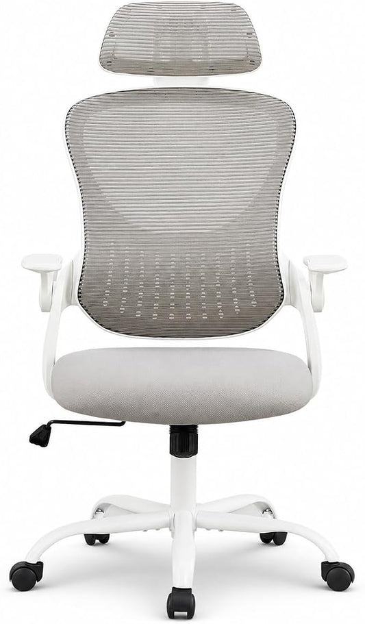 Grey Ergonomic Office Chair, High Back Mesh Desk Chair with Adjustable Headrest Lumbar Support, Computer Chairs with Flip-up Armrests and Thickened Cushion for Adults Home Office, 360° Swivel
