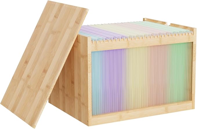 Bamboo Hanging File Organizer, Desk File Box with Lids, 1 Pack, Natural | Removable Lid, Clear Acrylic Side Panels, 2 Hanging Folders Included, Helps Reduce Dust, Letter & Legal Size, Easy Assembly