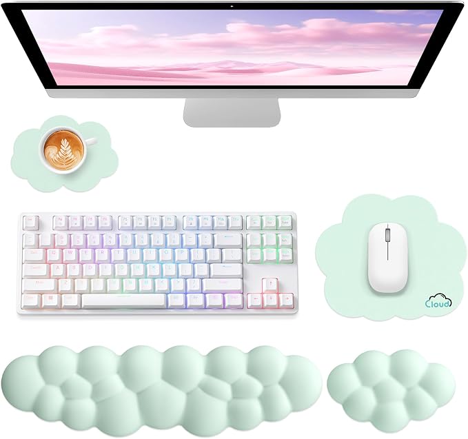 Sushret Cloud Wrist Rest for Computer Keyboard, 4-in-1 Memory Foam Leather Cloud Keyboard Wrist Rest and Mouse Pad Set with Ergonomic Support for Arm and Palm Cushion, Gaming/Work Setup, Light Green