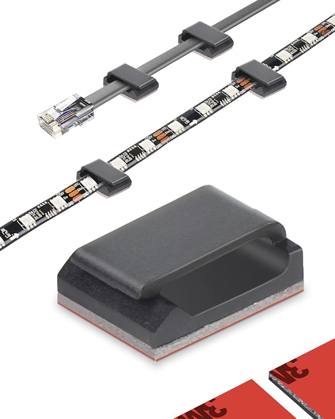 100 Pcs Cable Tidy Management Self Adhesive Flat Cable Clips for Led Light Strip and Flat Ethernet Cable Black | For LED strip and flat Ethernet cable, cable management, easy to install