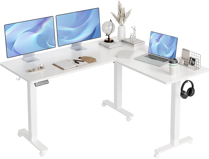 Claiks L Shaped Standing Desk Dual Motor Adjustable Height 63x55in White | Height 28.5-47.2in, 220lbs capacity, sturdy steel frame, splice board included, ideal for home office corner