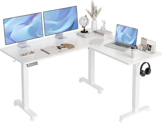 Claiks L Shaped Standing Desk Dual Motor Adjustable Height 63x55in White | Height 28.5-47.2in, 220lbs capacity, sturdy steel frame, splice board included, ideal for home office corner