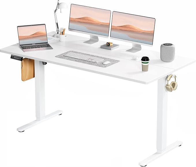 Sweetcrispy Electric Standing Desk Adjustable Height, 63x24 Inch Sit Stand Up Home Office Desks Memory Computer Workstation PC Work Table with Preset Splice Wood Board Metal Frame, White