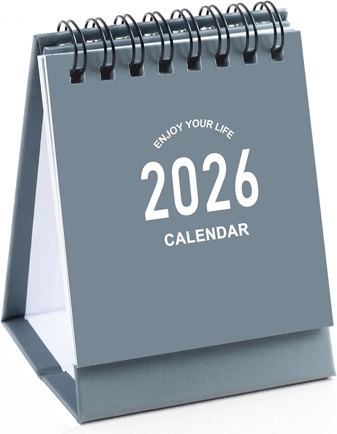 Mini Desk Calendar 2026-2027 - Runs From January 2026 until June 2027 Small Desktop Calendar Thick Paper Twin-Wire Binding with Stickers for Home Office School (Mini Grey)