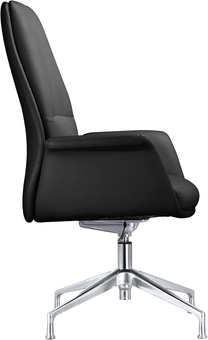 LeisureMod Mid-Century Modern Swivel Office Chair, Adjustable Height with Faux Leather Seat and Aluminum Frame (Black, Single)