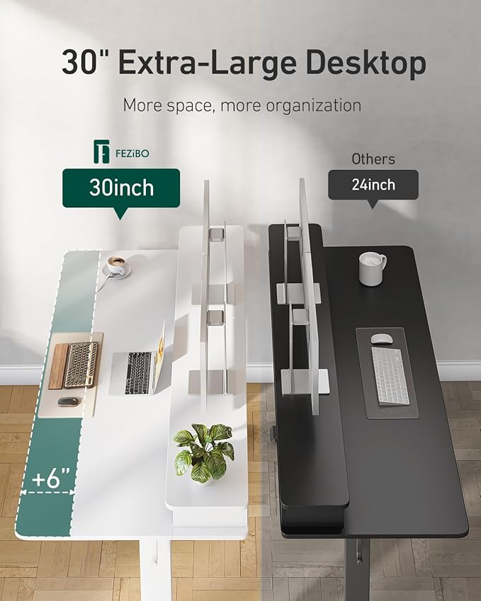 CubiCubi 55" x 30" Standing Desk with Drawers, Height Adjustable Electric Workstation, Computer Sit Stand Up Table with Large Storage Shelf 4 Drawers and 2 Hooks, White