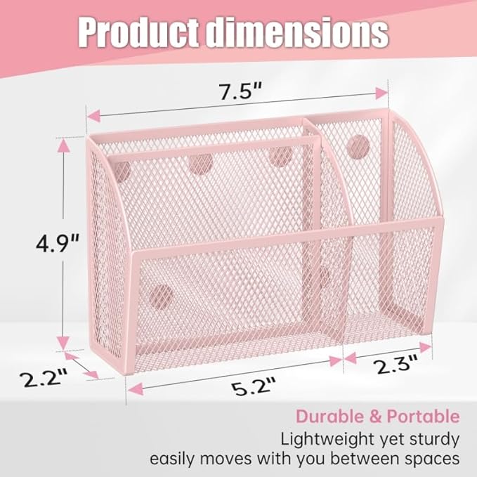 YINGHUA Strong Magnetic Pen Holder for Whiteboard and Refrigerator 3 Compartments Metal Mesh Organizer Space Saving Shelf for Office School Home and Locker - Pink