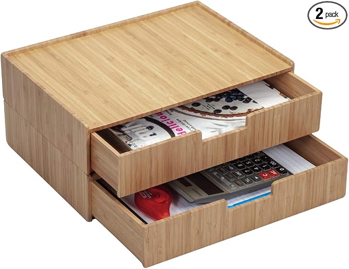 Mobilevision Large Bamboo Drawers (Set of 2) For Monitor Stand & Stackable Storage Solution for office products pens, pencils, scissors, notepads, business cards and more