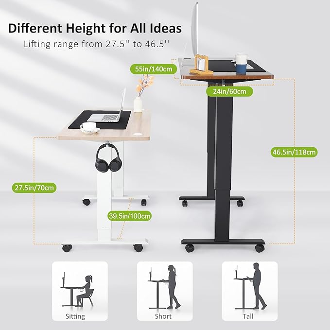 farexon 55 x 24 Electric Standing Desk Adjustable Height with Charging Station, Stand up Desk with Wheels,Outlets, Mouse Pad, Preset Heights Home Office Gaming Computer Workstations Table（Black）