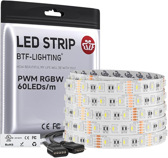 BTF-LIGHTING RGBW LED Strip Lights,UL Listed,5050 4 Colors in 1 RGB + 6000K-7000K Cool White,12V DC,16.4ft/5m 60LEDs/m 12mm White PCB, IP30 for Home Decoration(No Adapter or Controller)